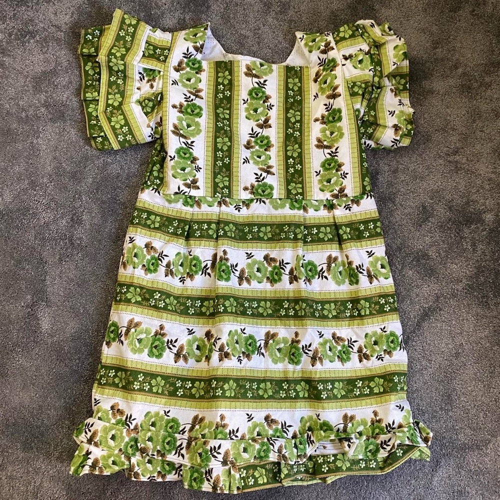 Handmade upcycled ruffle floral green dress
